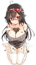 Rule 34 | 1girl, 3:, 3:&lt;, ahoge, animal ears, black hair, blush, breasts, cat ears, chocolate, chocolate on body, chocolate on breasts, cleavage, closed mouth, collarbone, food, food between breasts, food on body, food on face, full body, garter straps, glasses, grey sweater, hair between eyes, hair ribbon, heart, heart on chest, large breasts, long hair, looking at viewer, nose blush, off shoulder, original, pink ribbon, red eyes, ribbed sweater, ribbon, simple background, sitting, solo, sweatdrop, sweater, thighhighs, unname, v-shaped eyebrows, valentine, wariza, white background, white thighhighs