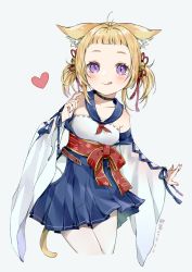 Rule 34 | 1girl, :p, animal ears, ariake (azur lane), azur lane, bajiang, blonde hair, breasts, collarbone, commentary request, hair ornament, hakama, hakama short skirt, hakama skirt, heart, hip vent, japanese clothes, looking at viewer, purple eyes, short hair, skirt, solo, tail, tongue, tongue out, white background