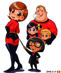 Rule 34 | 00s, 2008, 2boys, 3girls, :3, animification, ass, bob parr, bodysuit, boots, brown eyes, brown hair, costume, dash parr, dated, edna mode, elastigirl, elbow gloves, family, gloves, height difference, helen parr, latex, latex gloves, mature female, mochi-iri kinchaku, mokimoki, mr. incredible, multiple boys, multiple girls, short hair, skin tight, the incredibles, thigh boots, thighhighs, violet parr