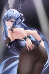 Rule 34 | 1girl, absurdly long hair, absurdres, animal ears, arm strap, ass, azur lane, black leotard, black pantyhose, blue eyes, blue hair, bodystocking, breasts, fake animal ears, from behind, highleg, highleg leotard, highres, huge filesize, large breasts, leotard, long hair, looking at viewer, looking back, nail polish, new jersey (azur lane), new jersey (exhilarating steps!) (azur lane), official alternate costume, oversized breast cup, pantyhose, playboy bunny, rabbit ears, sazuna (user gepn5443), solo, stage lights, strapless, strapless leotard, thighs, very long hair