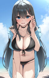 Rule 34 | 1girl, absurdres, bare shoulders, beach, bikini, black hair, blue eyes, blush, breasts, choker, cleavage, collarbone, highres, jacket, large breasts, long hair, looking at viewer, navel, off shoulder, open mouth, original, solo, suiroh (shideoukami), swimsuit, thighs