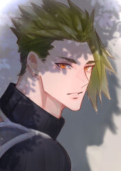 Rule 34 | 1boy, absurdres, achilles (fate), armor, bags under eyes, black shirt, facial hair, fate/apocrypha, fate (series), from side, grey background, haruakira, highres, looking at viewer, male focus, orange eyes, parted lips, ribbed shirt, shadow, shirt, solo, stubble, turtleneck, undercut, upper body