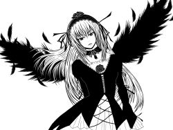 Rule 34 | 00s, bad id, bad pixiv id, choker, greyscale, hairband, high contrast, long hair, monochrome, naf, rozen maiden, solo, suigintou, wings