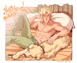 Rule 34 | 1boy, battle tendency, blonde hair, caesar anthonio zeppeli, delichuu, dog, facial mark, golden retriever, jojo no kimyou na bouken, male focus, muscular, muscular male, on bed, pants, sitting, topless male, triangle print