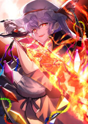 Rule 34 | 1girl, absurdres, alternate hair color, chain, commentary request, crystal, flaming sword, flaming weapon, flandre scarlet, flandre scarlet (vampire pursuing the hunter), hat, hat ribbon, highres, holding, holding sword, holding weapon, looking at viewer, nano popo02, one side up, purple hair, red eyes, red ribbon, red skirt, ribbon, skirt, solo, sword, touhou, touhou lostword, weapon, white hat, wings