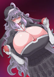 Rule 34 | 1girl, ahoge, black dress, breasts, cleavage, cowboy shot, creatures (company), dress, dutch angle, elbow gloves, game freak, gloves, gradient background, hair between eyes, hex maniac (pokemon), highres, holding, holding poke ball, huge breasts, lemonbizate, looking at viewer, matching hair/eyes, messy hair, nintendo, nun, open mouth, poke ball, pokemon, pokemon xy, purple background, purple eyes, purple hair, red background, short sleeves, smile, solo, spider web print, standing, white gloves