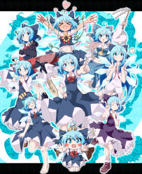 Rule 34 | &gt; &lt;, 6+girls, :d, ?, absurdres, advent cirno, ahoge, alternate color, alternate hair length, alternate hairstyle, aqua bow, arm up, arms up, ascot, barefoot, black gloves, blouse, blue background, blue bow, blue dress, blue eyes, blue hair, blue panties, blue shirt, blue skirt, blush stickers, bow, bowtie, breasts, brown footwear, chibi, circled 9, cirno, closed eyes, closed mouth, collarbone, collared shirt, commentary request, cosplay, crown, detached sleeves, do (4-rt), dress, fang, flower, frilled bow, frilled dress, frilled shirt collar, frilled sleeves, frills, gloves, gohei, hair bow, hakurei reimu, hakurei reimu (cosplay), hand on own hip, heart, heart ahoge, heart in mouth, highres, index finger raised, leg up, letterboxed, loafers, long hair, long sleeves, looking at viewer, midriff, multiple girls, multiple persona, navel, neck ribbon, no pants, nontraditional miko, notice lines, one eye closed, open mouth, outside border, outstretched arm, outstretched arms, panties, pinafore dress, pink flower, plant, player 2, puffy short sleeves, puffy sleeves, purple bow, purple dress, purple eyes, red bow, red ribbon, ribbon, shirt, shoes, short hair, short sleeves, skirt, sleeveless, sleeveless dress, small breasts, smile, sparkle, spoken question mark, squiggle, standing, standing on one leg, star (symbol), striped clothes, striped panties, sunflower, sword, sword behind back, symbol-shaped pupils, tan, tanline, tanned cirno, touhou, underwear, undone neck ribbon, vines, weapon, white shirt, wide sleeves, wing collar, wings, xd, yellow neckwear