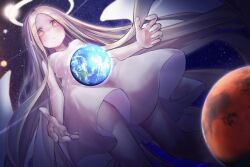 Rule 34 | 1girl, angel notes, angel wings, bare shoulders, blonde hair, breasts, dress, earth (planet), forehead, giant, giantess, halo, highres, long hair, mars (planet), medium breasts, mercury (planet), orbital path, planet, solar system, solo, space, star (sky), sun, sundress, thighs, type-moon, v/v, venus (planet), very long hair, white dress, wings, yellow eyes, yellow wings, yubeshi (zecxl)