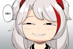 Rule 34 | 1girl, :d, anya&#039;s heh face (meme), azur lane, commentary, english commentary, gradient background, hair between eyes, hair ornament, half-closed eyes, highres, little prinz eugen (azur lane), long hair, looking at viewer, meme, multicolored hair, open mouth, parody, parted bangs, portrait, sidelocks, silver hair, simple background, smile, smirk, solo, speech bubble, spy x family, two-tone hair, whitter
