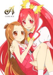 Rule 34 | 1girl, 2girls, blush, bow, brooch, brown eyes, brown hair, carrying, character name, choker, cure ace, dokidoki! precure, dress, dual persona, hair bow, heart, heart brooch, jewelry, kugata1, lipstick, long hair, madoka aguri, magical girl, makeup, multiple girls, precure, princess carry, red eyes, red hair, skirt, smile, white background, wrist cuffs
