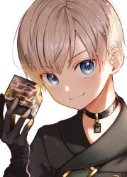 Rule 34 | 1boy, 9s (nier:automata), black gloves, child, choker, commentary, cube, face, gloves, hair between eyes, highres, holding, looking at viewer, male focus, nier:automata, nier (series), no blindfold, short hair, simple background, solo, usami (usami l), white hair