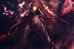 Rule 34 | 1girl, absurdres, bodysuit, breasts, covered navel, covered erect nipples, fate/grand order, fate (series), from below, gae bolg (fate), groin, highres, holding, holding weapon, kawanakajima, lightning, polearm, purple bodysuit, purple hair, red eyes, scathach (fate), scathach (fate), skin tight, solo, spear, weapon