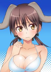 Rule 34 | 1girl, animal ears, bikini, black ribbon, blue background, blush, breasts, brown eyes, brown hair, cleavage, closed mouth, commentary request, dog ears, embarrassed, frown, gertrud barkhorn, hair ribbon, halterneck, kondou ryunosuke, large breasts, looking at viewer, low twintails, medium hair, partial commentary, ribbon, solo, strike witches, sweat, sweatdrop, swimsuit, twintails, white bikini, world witches series