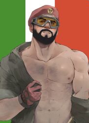 Rule 34 | 1boy, abs, arm hair, bara, bare pectorals, beard, character request, chest hair, come hither, facial hair, flag background, goggles, hairy, italian flag, large pectorals, looking at viewer, male focus, mature male, muscular, muscular male, navel, navel hair, nipples, open clothes, open shirt, pectorals, rainbow six siege, saury dog, seductive smile, short hair, single bare shoulder, smile, solo, stomach, undressing
