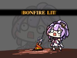 Rule 34 | 1girl, azur lane, bonfire, chibi, commentary, commentary request, crown, dark souls (series), dark souls i, english text, fire, full body, gameplay mechanics, grey background, highres, javelin (azur lane), kagami kino, mini crown, neckerchief, o o, parody, pink neckerchief, purple hair, retrofit (azur lane), revision, solo, square mouth, standing, surprised, sweat, zoom layer