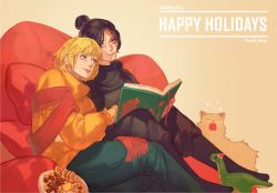Rule 34 | 2girls, apex legends, black pants, black scarf, blonde hair, blue pants, book, cat, cookie, facial scar, food, gingerbread man, grey sweater, hair bun, happy holidays, hat, highres, holding, holding book, holding hands, korean commentary, looking down, looking to the side, looking up, multiple girls, nessie (respawn), nikola (apex legends), orange sweater, pants, parted lips, santa hat, scar, scar on cheek, scar on face, scarf, short hair, single hair bun, small dduck, smile, stuffed toy, sweater, twitter username, wattson (apex legends), whiskers, wraith (apex legends), yawning, yuri