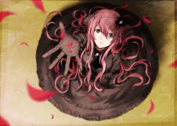 Rule 34 | 1girl, alternate costume, arisaka ako, arm up, bad id, bad pixiv id, black dress, black gloves, dress, from above, gloves, grey eyes, hair ornament, hand on own chest, lace, lace gloves, long hair, megurine luka, outstretched arm, outstretched hand, petals, pink hair, solo, very long hair, vocaloid