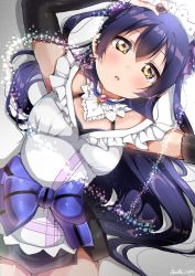 Rule 34 | 1girl, apron, armpit peek, arms up, blue hair, commentary request, detached sleeves, earrings, hair between eyes, highres, jewelry, long hair, looking at viewer, love live!, love live! school idol project, lying, maid, maid apron, maid headdress, mogyutto &quot;love&quot; de sekkin chuu!, on back, panda copt, parted lips, ribbon, simple background, solo, sonoda umi, yellow eyes