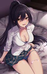 Rule 34 | 1girl, aftersex, arm support, bed, black hair, blue bra, blue panties, bra, breasts, cleavage, collared shirt, condom, dress shirt, hair between eyes, high ponytail, highres, idolmaster, idolmaster shiny colors, large breasts, miniskirt, open mouth, panties, pillow, plaid, plaid skirt, ponytail, school uniform, shirase sakuya, shirt, sitting, skirt, sleeves rolled up, thighs, underwear, used condom, white shirt, yellow eyes, yigra don