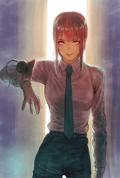 Rule 34 | 1girl, alley, animal, arm up, black necktie, black pants, braid, braided ponytail, breasts, business suit, chainsaw man, eyelashes, fingernails, formal, fujii eishun, glowing, glowing eyes, high-waist pants, highres, holding, holding animal, light smile, long hair, long sleeves, looking at viewer, makima (chainsaw man), medium breasts, mouse (animal), necktie, pants, red eyes, red hair, ringed eyes, shirt, smile, solo, suit, white shirt