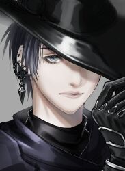 Rule 34 | 1girl, androgynous, black gloves, black hair, black hat, close-up, ear piercing, earrings, expressionless, final fantasy, final fantasy xiv, gloves, grey background, grey eyes, hand on headwear, hand up, hat, hat over one eye, jewelry, kankanteikun, looking at viewer, one eye covered, piercing, portrait, reverse trap, short hair, simple background, solo, turtleneck, zero (ff14)