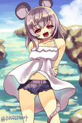 Rule 34 | 1girl, animal ears, arms behind back, bad id, bad pixiv id, bare shoulders, blush, casual, collarbone, gorota, grey hair, mouse ears, mouse tail, navel, nazrin, open mouth, red eyes, shore, shorts, solo, tail, touhou