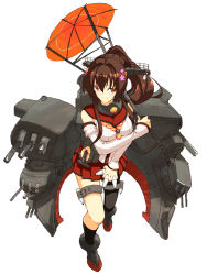 Rule 34 | 10s, 1girl, between fingers, black thighhighs, brown hair, cherry blossoms, detached sleeves, full body, hair intakes, holding, holding umbrella, kantai collection, long hair, long sleeves, machinery, miniskirt, oil-paper umbrella, orange eyes, pleated skirt, ponytail, red skirt, shirubaburu, simple background, single thighhigh, skirt, sleeves past wrists, solo, thigh strap, thighhighs, umbrella, white background, yamato (kancolle)