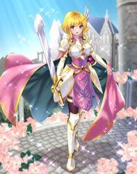 Rule 34 | :d, armor, armored dress, black thighhighs, blonde hair, blurry, boots, breastplate, cape, castle, commission, depth of field, dress, fire emblem, fire emblem: genealogy of the holy war, fire emblem: thracia 776, fire emblem heroes, greaves, green eyes, highres, kakiko210, lands sword, light particles, looking at viewer, nanna (fire emblem), nintendo, official alternate costume, open mouth, pauldrons, pink armor, pink cape, pink dress, shoulder armor, skeb commission, smile, sparkle, thighhighs, tunic, white footwear, wing hair ornament, winged hair ornament