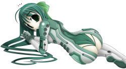 Rule 34 | 1girl, arm support, ass, blush, bodysuit, border break, character request, curvy, green eyes, green hair, looking at viewer, looking back, lying, matching hair/eyes, mutsuki hatsune, on side, pale skin, simple background, solo, white background