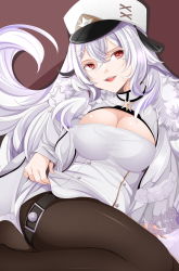 Rule 34 | 1girl, azur lane, black gloves, blush, breasts, cleavage, fur trim, gangut (azur lane), gloves, hair between eyes, hat, highres, jacket, large breasts, lifting own clothes, long hair, looking at viewer, military hat, mole, mole under eye, open mouth, origami aya, pantyhose, red eyes, silver hair, smile, solo, very long hair