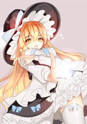 Rule 34 | 1girl, adapted costume, alternate costume, apron, bad id, bad twitter id, blonde hair, braid, frills, from below, hat, hat ribbon, kirisame marisa, light, long hair, long sleeves, looking at viewer, open mouth, primcoco, ribbon, shirt, side braid, simple background, single braid, skirt, solo, thighhighs, touhou, waist apron, white thighhighs, witch hat, yellow eyes