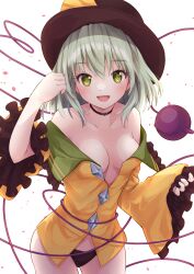 Rule 34 | 1girl, :d, absurdres, bare shoulders, black panties, blush, breasts, breasts apart, buttons, choker, collarbone, cowboy shot, diamond button, frills, green eyes, green hair, hair between eyes, hand up, hat, heart, heart choker, heart of string, highres, komeiji koishi, looking at viewer, medium breasts, no pants, off shoulder, open mouth, panties, ramie (ramie541), revision, shirt, short hair, simple background, sleeves past elbows, sleeves past wrists, smile, solo, standing, third eye, touhou, underwear, white background, wide sleeves, yellow shirt