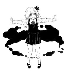 Rule 34 | 1girl, alinoce716, blush, collared shirt, darkness, fang, greyscale, hair between eyes, hair ribbon, highres, long sleeves, monochrome, open mouth, outstretched arms, pleated skirt, ribbon, rumia, shirt, shoes, short hair, simple background, skirt, smile, socks, solo, spread arms, touhou, vest, white background