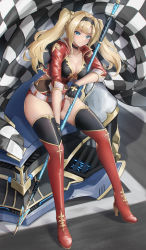 Rule 34 | 1girl, belt, black gloves, blonde hair, blue eyes, blush, boots, breasts, checkered flag, choker, cleavage, collarbone, fingerless gloves, flag, gloves, granblue fantasy, hair intakes, hairband, high heel boots, high heels, highres, large breasts, leotard, long hair, looking at viewer, miso (b7669726), polearm, race queen, race vehicle, red footwear, red leotard, sitting, smile, solo, spear, thigh boots, thighhighs, twintails, weapon, zeta (granblue fantasy)