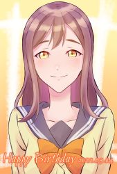 Rule 34 | 1girl, artist name, artist request, blush, bow, bowtie, breasts, brown eyes, brown hair, buttons, cardigan, close-up, collarbone, eyebrows, female focus, grey sailor collar, hair between eyes, highres, kunikida hanamaru, light brown hair, long hair, long sleeves, looking at viewer, love live!, love live! sunshine!!, medium breasts, orange bow, parted lips, sailor collar, school uniform, skirt, sleeves past wrists, smile, solo, sweater, upper body, uranohoshi school uniform, vest, yellow cardigan, yellow eyes, yellow sweater