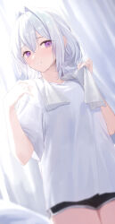 Rule 34 | 1girl, absurdres, black shorts, blurry, blurry foreground, breasts, commentary, cowboy shot, english commentary, gnns, grey hair, hair between eyes, hair intakes, highres, holding, holding towel, light blush, looking at viewer, medium breasts, medium hair, original, parted lips, purple eyes, shirt, short sleeves, shorts, solo, teeth, towel, towel around neck, virtual youtuber, white shirt, wide sleeves