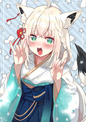 Rule 34 | 1girl, absurdres, alternate costume, alternate hairstyle, animal background, animal ear fluff, animal ears, blue background, blue hakama, blush, border, braid, commentary request, cowboy shot, crossed bangs, double fox shadow puppet, earrings, floral print, fox ears, fox girl, fox shadow puppet, fox tail, green eyes, hair ornament, hakama, hakama short skirt, hakama skirt, hands up, highres, hololive, japanese clothes, jewelry, kimono, long hair, looking at viewer, open mouth, print kimono, shirakami fubuki, shirakami fubuki (new year), side braid, sidelocks, skirt, smile, solo, star (symbol), starry background, striped, striped background, tail, tonarikeru, tongue, very long hair, virtual youtuber, white border, white hair, white kimono