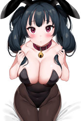 Rule 34 | 10s, 1girl, alternate breast size, alternate hairstyle, animal ears, bare shoulders, bell, black hair, black leotard, black pantyhose, breasts, cleavage, collar, collarbone, covered navel, double bun, facing viewer, fake animal ears, hair bun, headband, highres, large breasts, leotard, long hair, looking at viewer, love live!, love live! school idol festival, love live! sunshine!!, neck bell, open mouth, pantyhose, playboy bunny, playing with own hair, purple eyes, rabbit ears, simple background, sitting, solo, tem10, thigh gap, tsushima yoshiko, twintails, white background