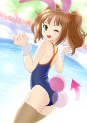 Rule 34 | 00s, 1girl, animal ears, arrow (symbol), brown hair, child, competition school swimsuit, flat chest, green eyes, idolmaster, idolmaster (classic), one-piece swimsuit, one eye closed, playboy bunny swimsuit, ponnetsu, rabbit ears, rabbit tail, school swimsuit, solo, swimsuit, tail, takatsuki yayoi, thighhighs, twintails, wink, wrist cuffs