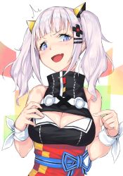 Rule 34 | 1girl, ^^^, bad id, bad pixiv id, bare shoulders, blue eyes, blush, breasts, cleavage, cleavage cutout, clothing cutout, fang, gogongzid, hair ornament, highres, kaguya luna, looking at viewer, medium breasts, obi, open mouth, ribbon, sash, short hair, silver hair, sleeveless, solo, the moon studio, twintails, upper body, virtual youtuber, white ribbon, wrist ribbon, x hair ornament