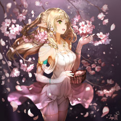 Rule 34 | 1girl, basket, bike shorts, blonde hair, branch, breasts, cherry blossoms, dress, elbow gloves, elf, floating hair, flower, gloves, green eyes, hair ornament, highres, kawamatsu yoshinori, long hair, medium breasts, open mouth, original, pointy ears, revision, smile, solo, standing, white dress, white gloves