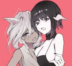 2girls absurdres animal_ears armpit_crease armpits asymmetrical_docking au_ra black_camisole black_collar black_hair breast_press breasts brown_hair brown_shirt camisole cat_ears cleavage collar dark-skinned_female dark_skin dragon_horns eyebrows_hidden_by_hair facial_mark final_fantasy final_fantasy_xiv hair_between_eyes hair_over_one_eye highres horns hug large_breasts looking_at_viewer miqo&#039;te multiple_girls open_mouth purple_eyes red_background shirt short_hair sideboob simple_background sleeveless sleeveless_shirt teeth upper_teeth_only user_1320050499 warrior_of_light_(ff14) wavy_mouth yuri