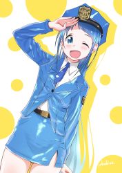 Rule 34 | 10s, 1girl, ;d, alternate costume, artist name, belt, blue necktie, blue skirt, blush, dutch angle, gradient hair, hat, highres, kantai collection, long hair, long sleeves, looking at viewer, miniskirt, multicolored hair, necktie, one eye closed, open mouth, pencil skirt, police, police hat, police uniform, policewoman, salute, samidare (kancolle), skirt, smile, solo, swept bangs, uniform, very long hair, yokoshima (euphoria)