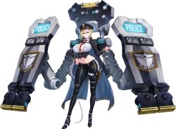 Rule 34 | 1girl, between breasts, blonde hair, breasts, c.honey, cape, cleavage, cuffs, full body, game cg, gun, hair between eyes, handcuffs, handgun, hat, highres, large breasts, last origin, looking at viewer, midriff, navel, necktie, necktie between breasts, official art, pants, pistol, police, police hat, police uniform, policewoman, power suit, purple eyes, sadius of retribution, short hair, smile, solo, tachi-e, tight clothes, tight pants, transparent background, uniform, weapon, whip