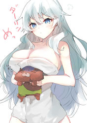 Rule 34 | 1girl, :&lt;, absurdres, animal, artemis (fate), bare arms, bare shoulders, bear, blue eyes, blush, breasts, cleavage, closed mouth, collarbone, commentary request, fate/grand order, fate (series), hair between eyes, highres, holding, holding animal, large breasts, long hair, naked towel, orion (bear) (fate), simple background, tomozero, towel, translation request, very long hair, white background, white hair