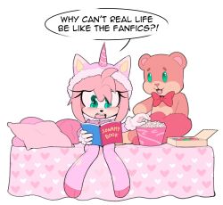 Rule 34 | 1girl, amy rose, animal ears, basket, bear ears, bed, blanket, blush, book, bow, bowtie, box, buttons, commentary, english commentary, english text, eyelashes, food, furry, furry female, green eyes, hands up, heart, heart-shaped pillow, heart print, hedgehog ears, hedgehog girl, highres, holding, holding book, holding food, horns, long sleeves, looking away, open book, open mouth, pajamas, pants, pillow, pink fur, pink pajamas, pink pants, pink shirt, popcorn, reading, red bow, red bowtie, shirt, simple background, single horn, sitting, smile, solo, sonic (series), speech bubble, stuffed animal, stuffed toy, sweets, tears, teddy bear, teeth, tongue, toonsite, unicorn costume, upset, white background