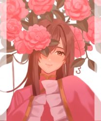 Rule 34 | 1girl, absurdres, axis powers hetalia, brown hair, chinese clothes, flower, frilled sleeves, frills, hair flowing over, hands up, highres, lips, long hair, looking at viewer, one eye covered, pillarboxed, pink flower, plant, sleeves past fingers, sleeves past wrists, smile, solo, straight-on, taiwan (hetalia), upper body, usasuzu, white background