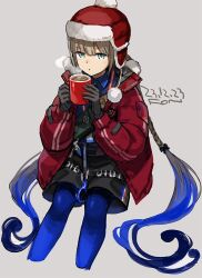Rule 34 | 1boy, black gloves, black shorts, blowing on food, captain nemo (fate), coat, cropped legs, cup, dated, fate/grand order, fate (series), fon-due (fonfon), gloves, gradient hair, grey background, hat, holding, holding cup, long sleeves, looking at viewer, male focus, multicolored hair, nemo (fate), pom pom (clothes), red coat, red hat, shorts, signature, solo, steam, trap, twintails, winter clothes