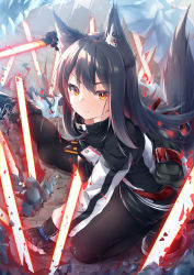 Rule 34 | 1girl, animal ears, arknights, belt, belt pouch, black capelet, black footwear, black gloves, black hair, black pantyhose, black shorts, boots, capelet, closed mouth, commentary request, dual wielding, ear piercing, fingerless gloves, full body, gloves, highres, holding, holding sword, holding weapon, id card, jacket, pantyhose under shorts, long hair, long sleeves, looking at viewer, on one knee, outstretched leg, pantyhose, piercing, planted, planted sword, planted weapon, pouch, shorts, smile, solo, sword, tail, texas (arknights), v-shaped eyebrows, weapon, white background, white jacket, wolf ears, wolf girl, wolf tail, yellow eyes, yuki kawachi