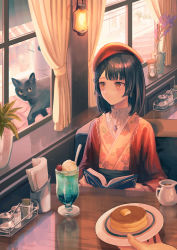 Rule 34 | 1girl, :o, absurdres, black cat, black hair, blunt bangs, book, booth seating, braid, braided bangs, cardigan, cat, collar, drink, earrings, food, frilled collar, frills, hair ribbon, hat, highres, holding, holding book, ice cream, ice cream float, indoors, japanese clothes, jewelry, kimono, lace, lace-trimmed kimono, lace trim, lantern, long sleeves, looking at animal, looking to the side, medium hair, necklace, nomuraumu, original, pancake, restaurant, ribbon, solo, window, yellow eyes